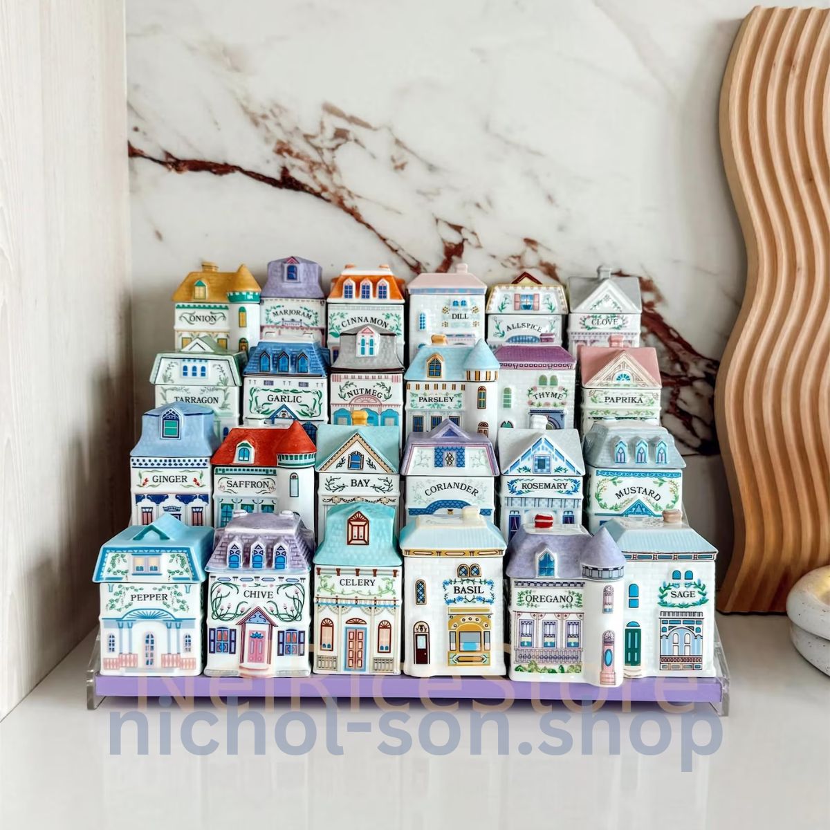 LENOX Spice Village 24-Piece Ceramic House Set with Display Shelf (1989 Collection)