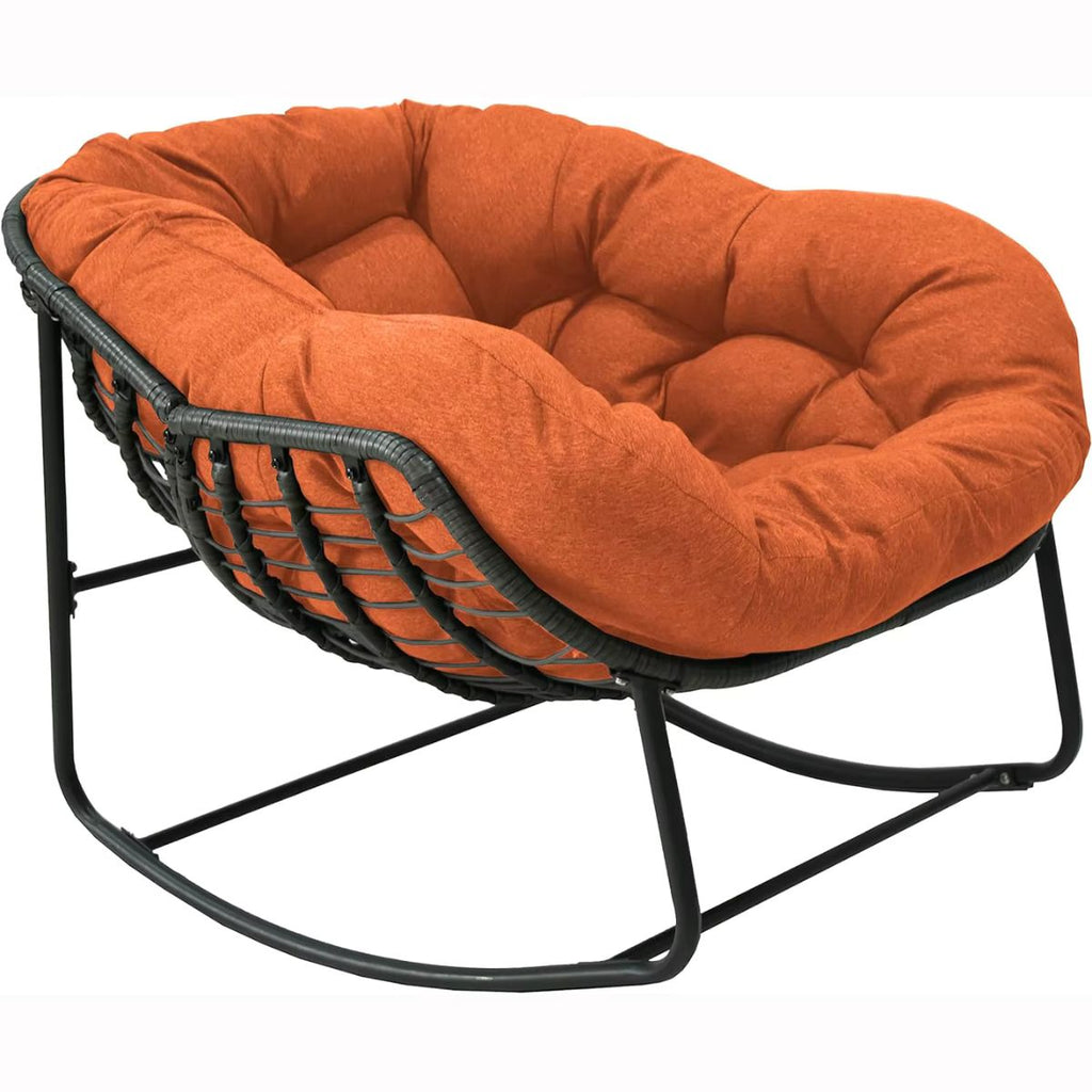 Hand-Woven PE Rattan Rocking Recliner Reading Chair with Cushion – Modern Wicker Lounge Chair for Living Room or Patio