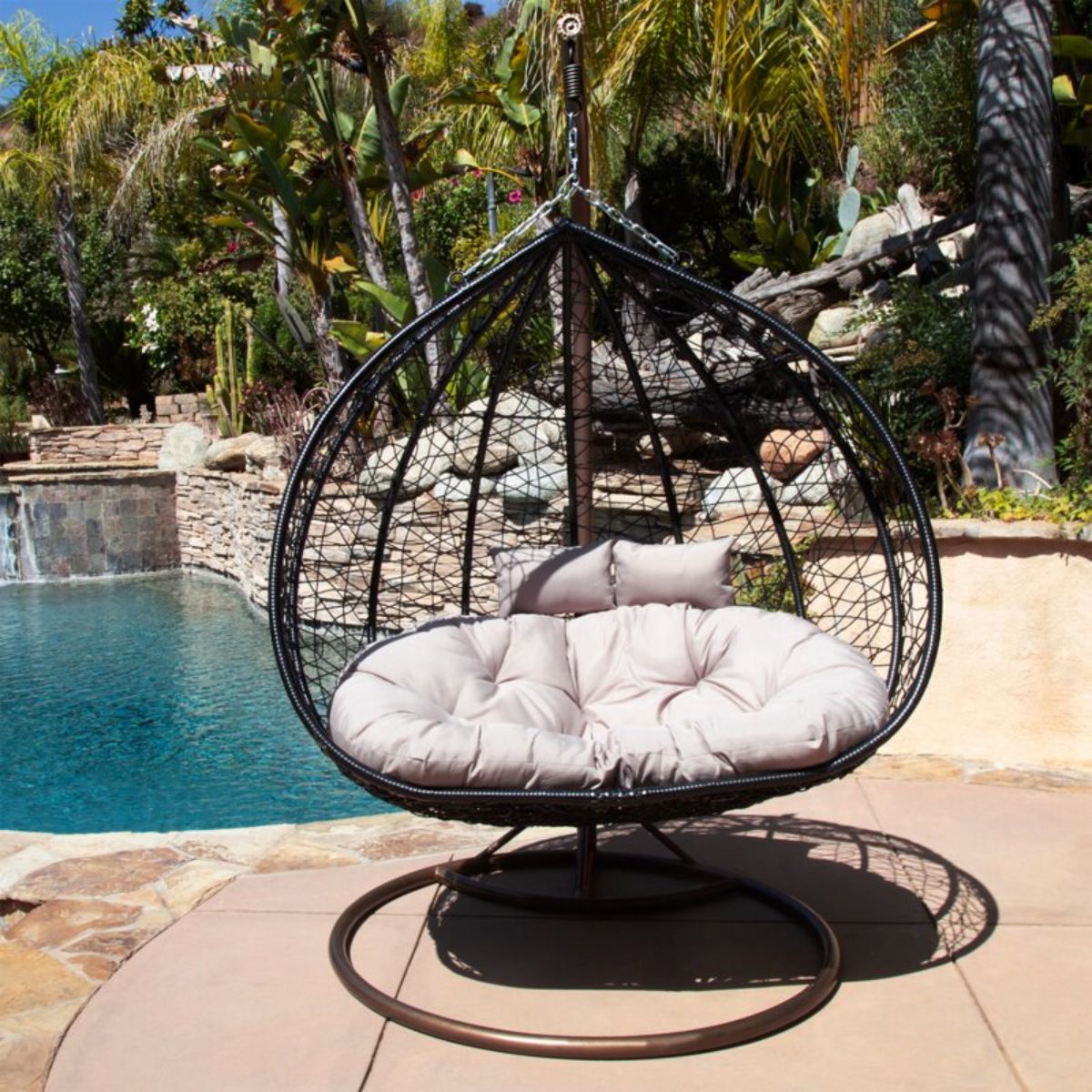 Modern Outdoor 2-Seater Rattan Swing Chair with Cushion – Wicker Hanging Loveseat for Patio, Garden, or Balcony
