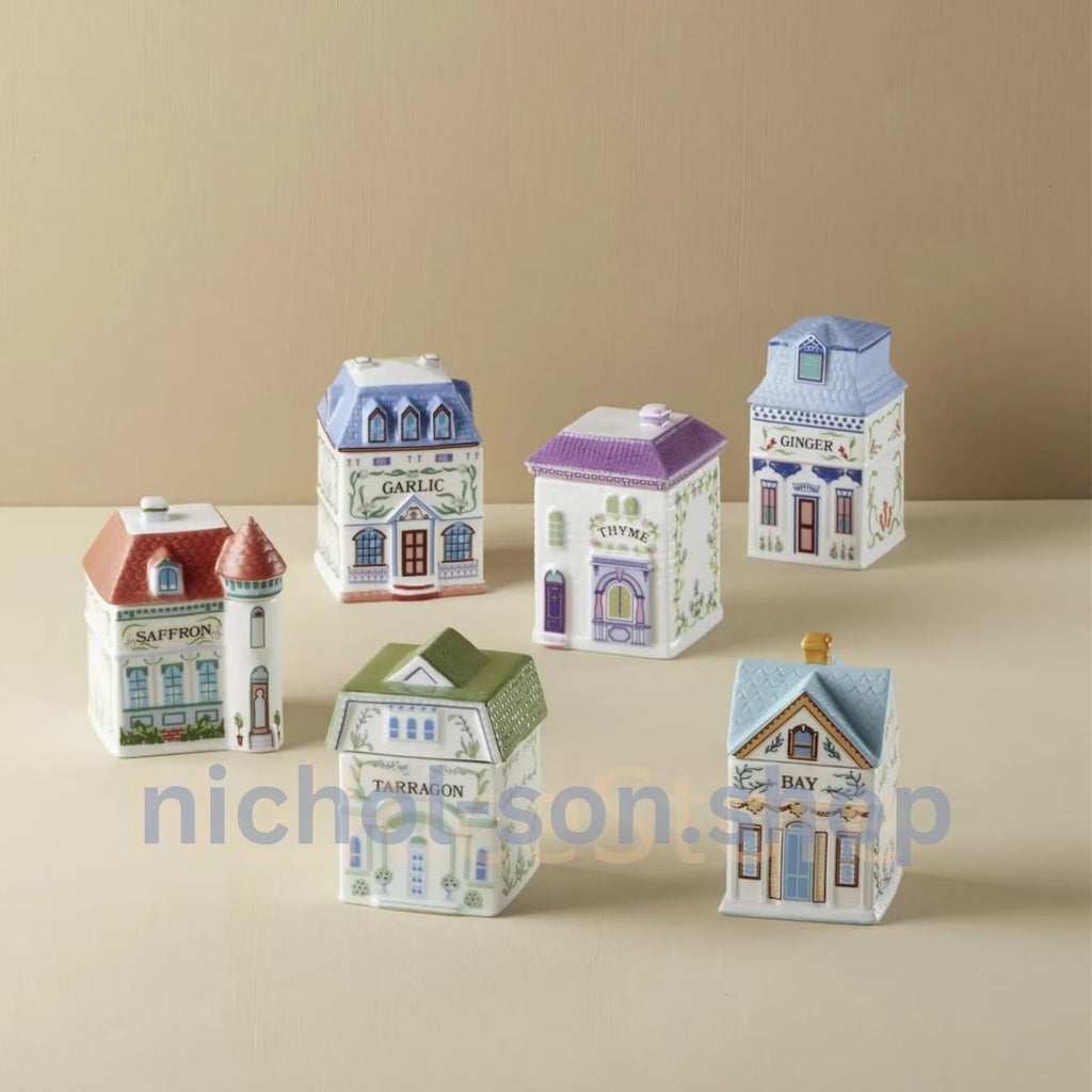 LENOX Spice Village 24-Piece Ceramic House Set with Display Shelf (1989 Collection)