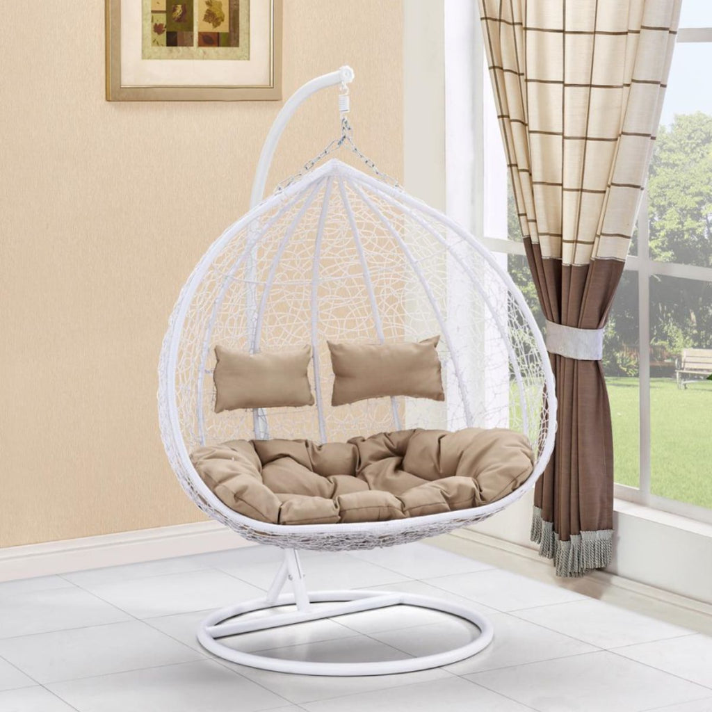 Modern Outdoor 2-Seater Rattan Swing Chair with Cushion – Wicker Hanging Loveseat for Patio, Garden, or Balcony