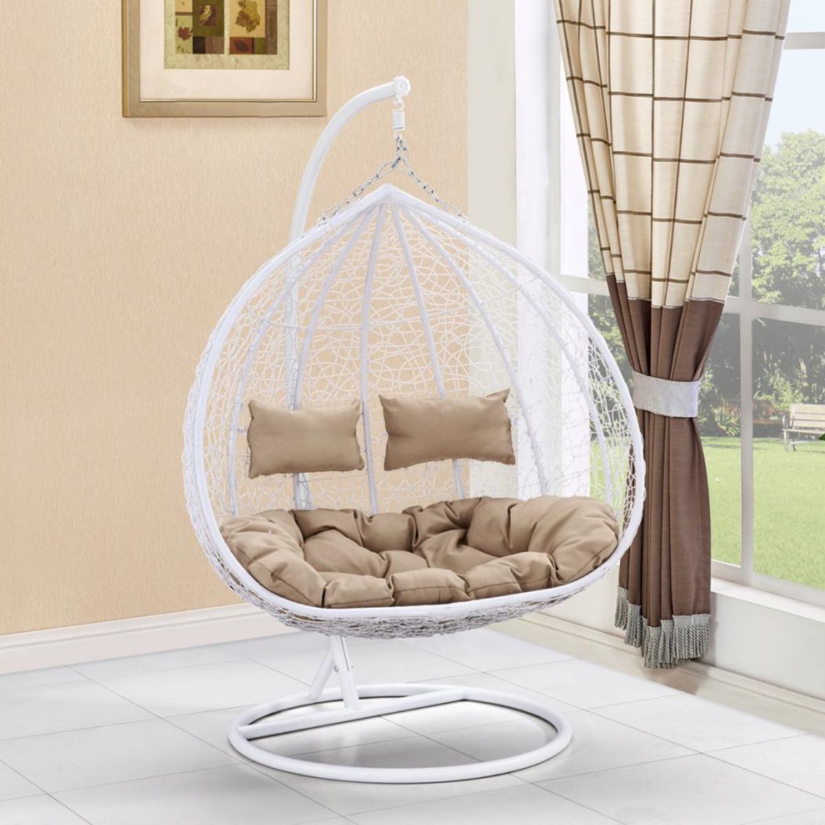 Modern Outdoor 2-Seater Rattan Swing Chair with Cushion – Wicker Hanging Loveseat for Patio, Garden, or Balcony