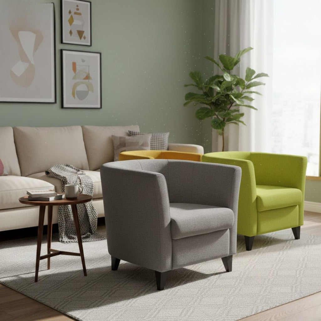 Modern Fabric Single Tub Chair – Comfortable Armchair for Office, Living Room, or Hotel