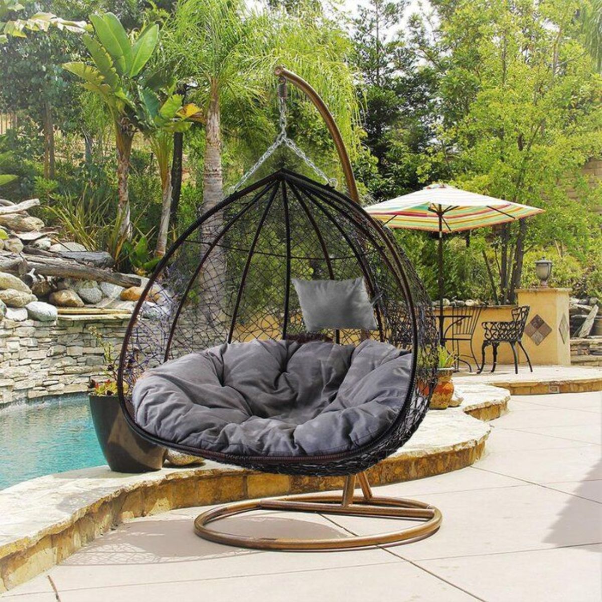 Modern Outdoor 2-Seater Rattan Swing Chair with Cushion – Wicker Hanging Loveseat for Patio, Garden, or Balcony