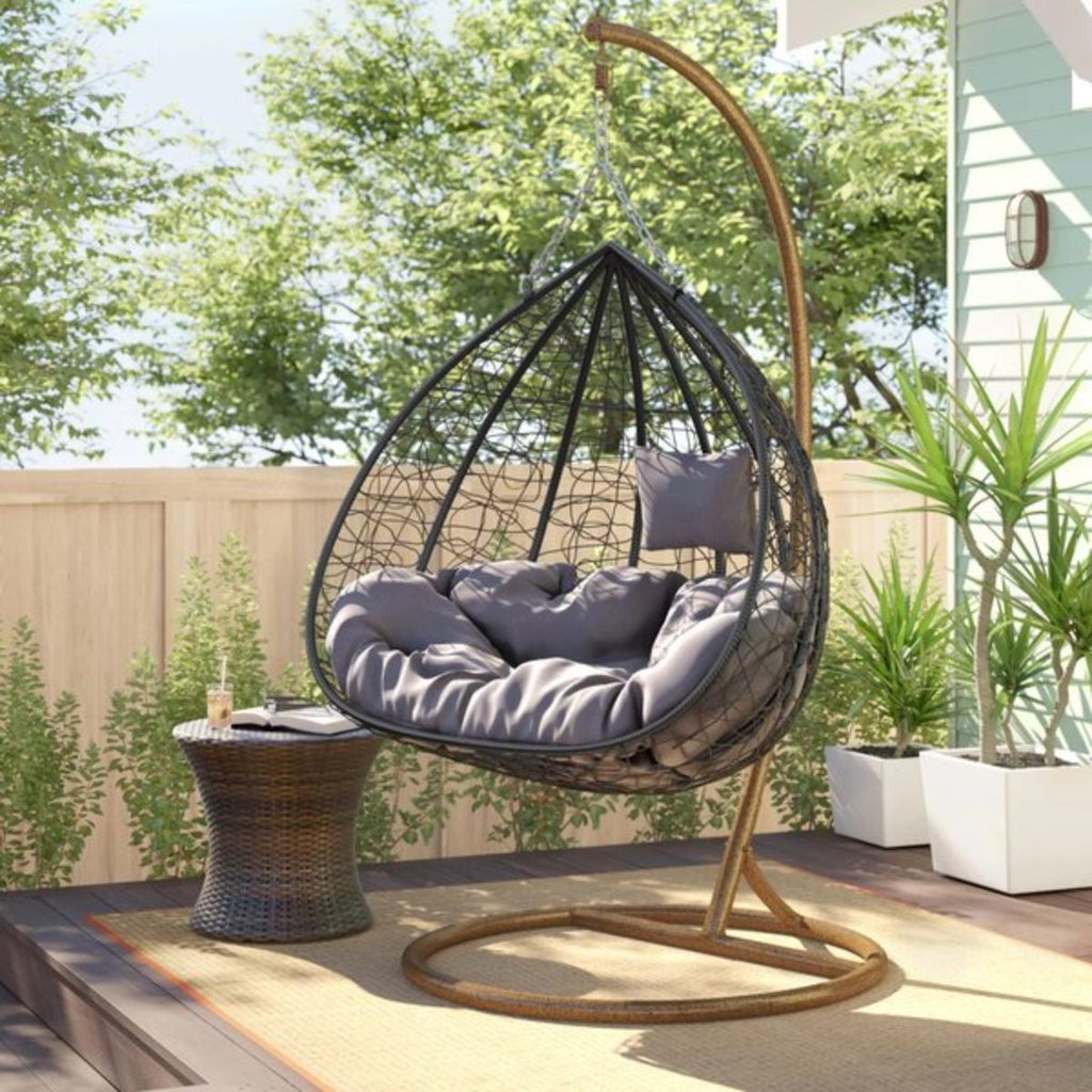 Modern Outdoor 2-Seater Rattan Swing Chair with Cushion – Wicker Hanging Loveseat for Patio, Garden, or Balcony