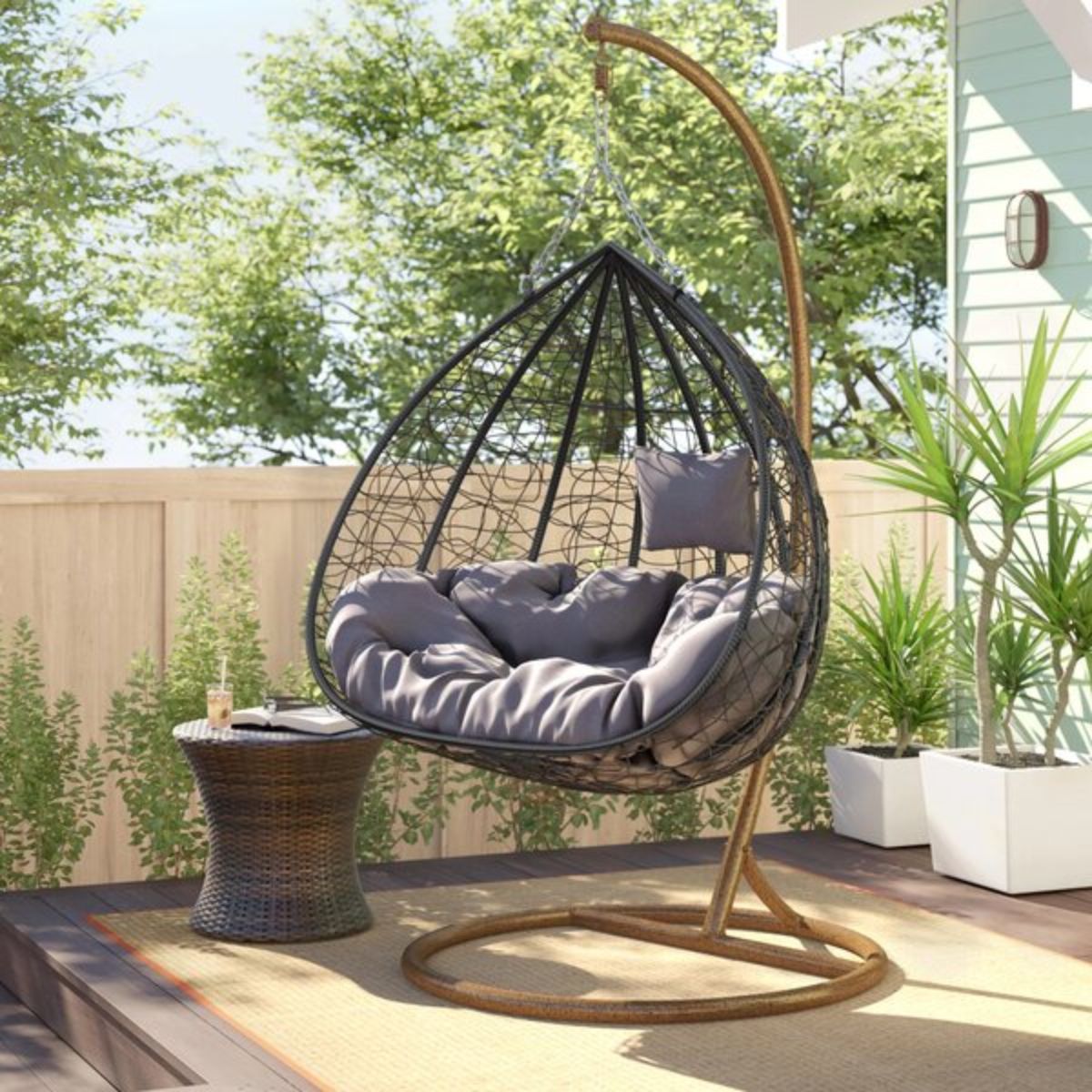 Modern Outdoor 2-Seater Rattan Swing Chair with Cushion – Wicker Hanging Loveseat for Patio, Garden, or Balcony