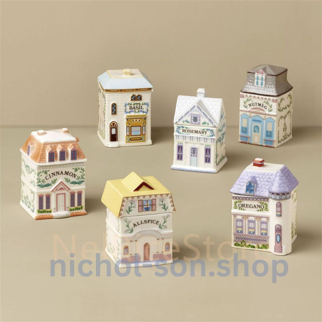 LENOX Spice Village 24-Piece Ceramic House Set with Display Shelf (1989 Collection)