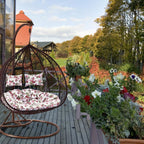 Modern Outdoor 2-Seater Rattan Swing Chair with Cushion – Wicker Hanging Loveseat for Patio, Garden, or Balcony